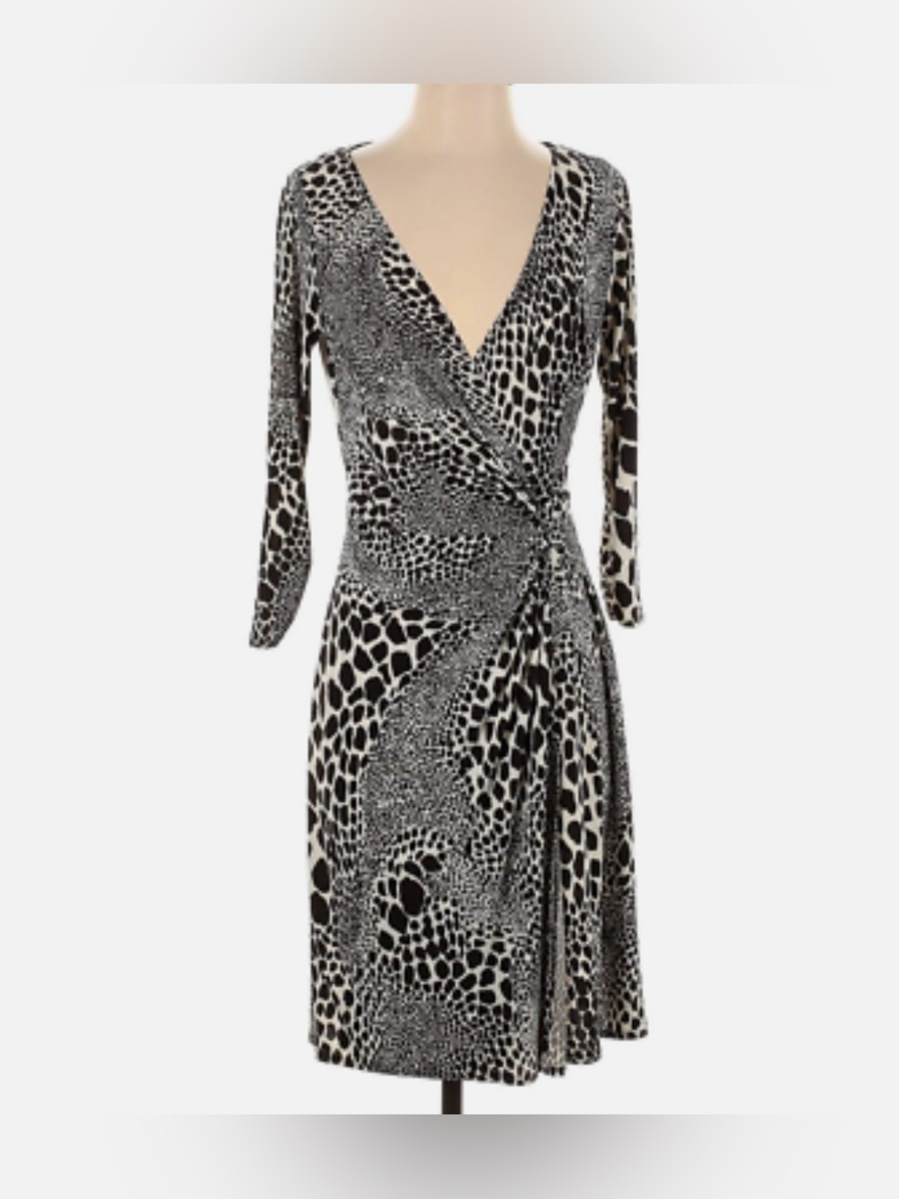 Laundry By Shelli Segal Brown and White Animal Print Faux Wrap Dress